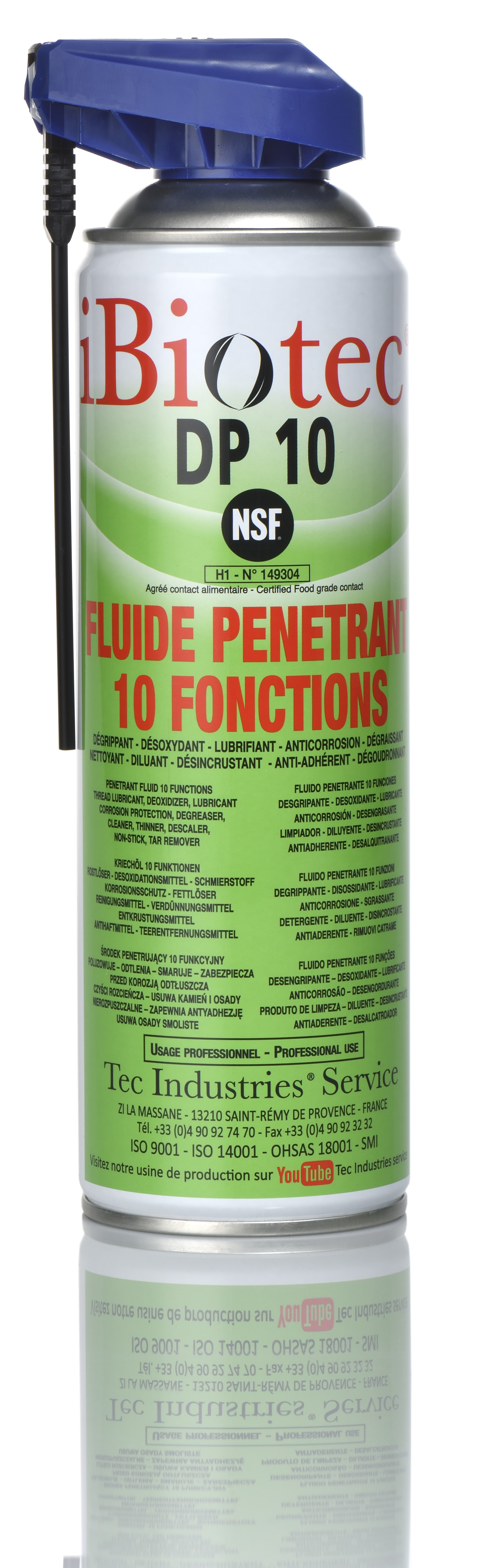 Fluide pénétrant, désoxydant 10 Fonctions, agréé NSF H1, diffuseur non amovible, indissociable HACCP, BRC8, IFS. Maintenance industrielle y compris en industries agro alimentaires. super degrippant 10 fonctions. biodegradable. certifie alimentaire NSF. tres faible tension superficielle pour un temps d'action immediat. propulseur ininflammable. aerosol degrippant - aerosol degrippant 10 fonctions - fluide penetrant degrippant - degrippant super actif aerosol degrippant ibiotec - degrippant desoxydant lubrifiant anticorrosion nettoyant - aerosol desoxydant. Aerosols techniques. Aerosols maintenance. Fournisseurs aérosols. Fabricants aérosols. Propulseur aerosol sans danger. Propulseur aérosol sans danger. Propulseur bombe aerosol sans danger. Produit maintenance industrielle. maintenance industrielle. maintenance agro-alimentaire. equipement détectable. produits detectables